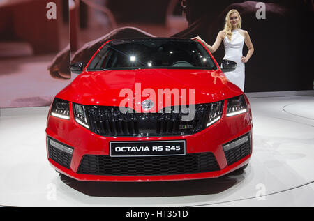 Geneva, Switzerland. 7th Mar, 2017. A Skoda Octavia RS 245 car is seen on the first press day of the 87th International Motor Show in Geneva, Switzerland, on March 7, 2017. This year's Geneva International Motor Show hosts some 180 exhibitors and exhibits about 900 models including 148 world or European premieres. Credit: Xu Jinquan/Xinhua/Alamy Live News Stock Photo