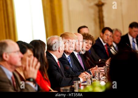 Washington, DC, USA. 7th Mar, 2017. United States President Donald Trump leads a meeting with the U.S. House Republican Deputy Whip Team, in the East Room of the White House, Washington, DC, March 7, 2017. Credit: MediaPunch Inc/Alamy Live News Stock Photo