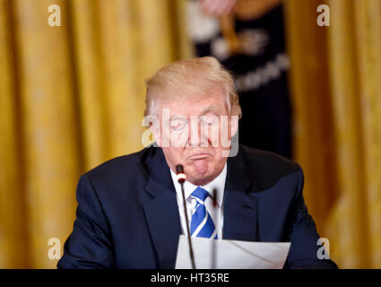 Washington, DC, USA. 7th Mar, 2017. United States President Donald Trump leads a meeting with the U.S. House Republican Deputy Whip Team, in the East Room of the White House, Washington, DC, March 7, 2017. Credit: MediaPunch Inc/Alamy Live News Stock Photo