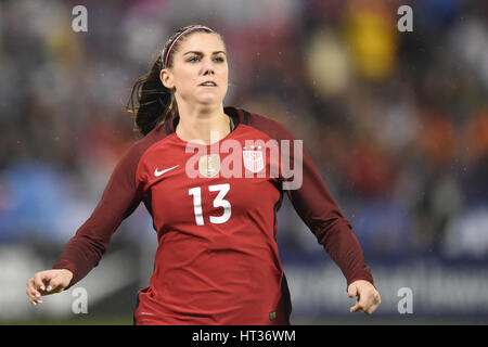 Washington DC, USA. 07th Mar, 2017. USA's Alex Morgan (13) chance after the ball during the match between the women's national teams of USA and France at the SheBelieves Cup at RFK Stadium in Washington DC. The US team was defeated by the French 3-0 and the French team went on to Washington DC, USA. John Middlebrook/CSM/Alamy Live News Stock Photo