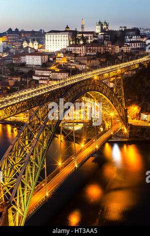 Bridge, arch bridge Ponte Dom Luis I over the Douro, Twilight, Porto, Portugal Stock Photo