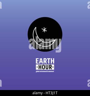 Earth Hour is a Global Environmental Movement. Vector icon with text. Concept of energy saving and stopping climate change. Star and crescent on blue, Stock Vector