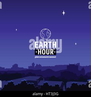 Earth Hour Movement Illustration. Square banner of dark city view and starry night sky without skyglow or light pollution. Vector template for card or Stock Vector