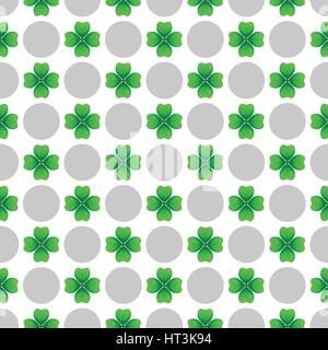 Green clover with four leaves and grey circles on white background. St Patricks Day geometry seamless pattern. Vector tileable design element. Stock Vector
