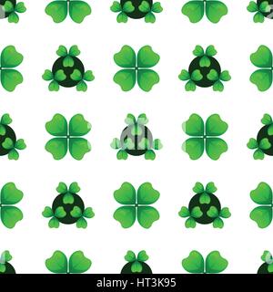 Green clover sprigs with four leaves and three-leafed shamrock. Plants against dark circles. St Patricks Day geometry seamless pattern. Vector tileabl Stock Vector