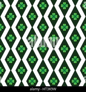 Green clover with four leaves. Sprig against dark rhombus. St Patricks Day geometry seamless pattern. Vector tileable design element. Stock Vector