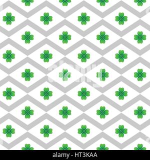 Green clover with four leaves. Sprig against white rhombus. St Patricks Day geometry seamless pattern. Vector tileable design element. Stock Vector