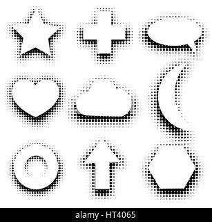 Isolated black and white color abstract dotted contour icons set, simple flat star, cross, speech bubble,heart,cloud,moon,circle,arrow,hexagon signs collection vector illustration Stock Vector