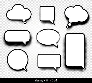 Isolated abstract black and white color comics speech balloons icons collection on checkered background, dialogue boxes signs set,dialog frames vector illustration Stock Vector