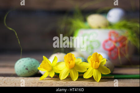 Daffodils, easter eggs, decorative nest with colored eggs in the background. Stock Photo