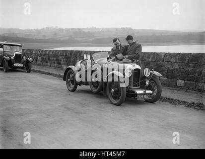 Amilcar and Riley 9 at the Ilkley & District Motor Club Trial, Fewston Reservoir, Yorkshire, 1930s. Artist: Bill Brunell. Stock Photo