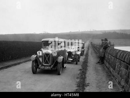 Salmson, Amilcar and Riley 9, Ilkley & District MC Trial, Fewston Reservoir, Yorkshire, 1930s. Artist: Bill Brunell. Stock Photo
