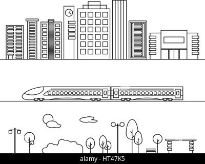 Vector city elements in outline style. Illustrations with buildings, houses, train and nature elements. Ideal for business web publications, graphic d Stock Vector