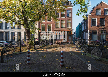 Bridge in the center of Utrecht in the background characteristic buildings. Stock Photo