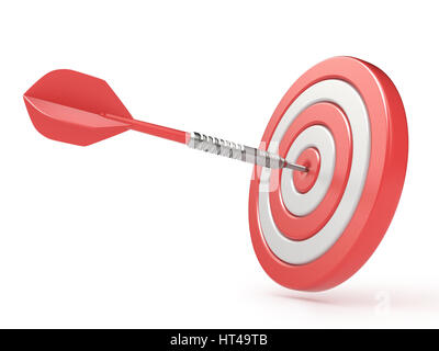 Red target and dart hitting center. 3D render illustration isolated on white background Stock Photo