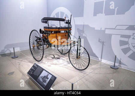 Los Angeles, CA, USA — March 4, 2017: Wood 1886 Benz Patent Motorwagen replica at the Petersen Automotive Museum in Los Angeles, California, United St Stock Photo