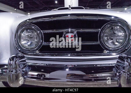 Los Angeles, CA, USA — March 4, 2017: Silver 1953 Nash-Healey convertible by Pinin Farina from the collection of Ray Scherr at the Petersen Automotive Stock Photo