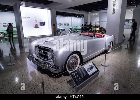 Los Angeles, CA, USA — March 4, 2017: Silver 1953 Nash-Healey convertible by Pinin Farina from the collection of Ray Scherr at the Petersen Automotive Stock Photo