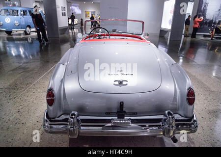 Los Angeles, CA, USA — March 4, 2017: Silver 1953 Nash-Healey convertible by Pinin Farina from the collection of Ray Scherr at the Petersen Automotive Stock Photo