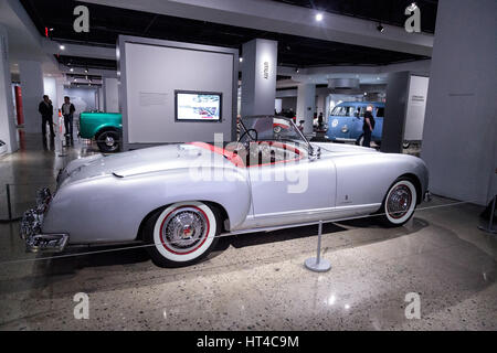 Los Angeles, CA, USA — March 4, 2017: Silver 1953 Nash-Healey convertible by Pinin Farina from the collection of Ray Scherr at the Petersen Automotive Stock Photo