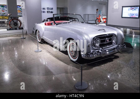 Los Angeles, CA, USA — March 4, 2017: Silver 1953 Nash-Healey convertible by Pinin Farina from the collection of Ray Scherr at the Petersen Automotive Stock Photo