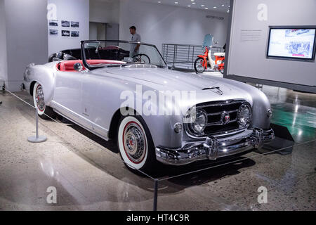 Los Angeles, CA, USA — March 4, 2017: Silver 1953 Nash-Healey convertible by Pinin Farina from the collection of Ray Scherr at the Petersen Automotive Stock Photo