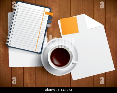 Coffee, notebook and paper on wooden table, vector illustration Stock Vector