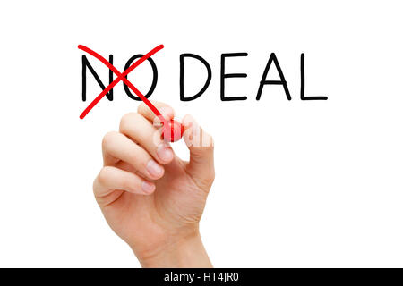 Hand turning No Deal into Deal with red marker isolated on white. Stock Photo