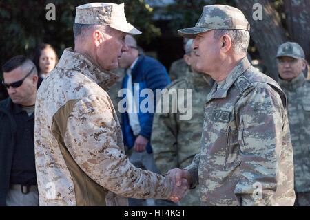 U.S. Joint Chiefs of Staff Chairman Joseph Dunford meets with Turkish Chief of General Staff Hulusi Akar February 17, 2017 in Turkey. Stock Photo