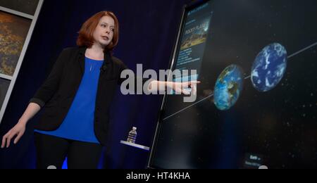 Space Telescope Science Institute Astronomer Nikole Lewis presents research findings during a TRAPPIST-1 planets briefing at the NASA Headquarters February 22, 2017 in Washington, DC. Researchers revealed the first known system of seven Earth-size planets around a single star called TRAPPIST-1.