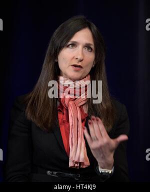 Massachusetts Institute of Technology Professor of Planetary Science and Physics Sara Seager presents research findings during a TRAPPIST-1 planets briefing at the NASA Headquarters February 22, 2017 in Washington, DC. Researchers revealed the first known system of seven Earth-size planets around a single star called TRAPPIST-1.