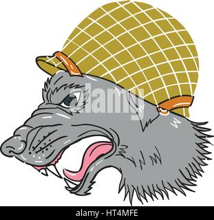 Drawing sketch style illustration of grey wolf head wearing world war two helmet growling viewed from the side set on isolated white background. Stock Vector