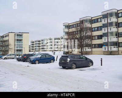 Residential neighbourhood  in Lørenskog Akershus Norway, on the outskirts of the Norwegian capital, blocks of flats in commuting distance from Oslo Stock Photo