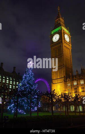 Christmas Tree and Big Ben in London, England, December 2013 Stock Photo