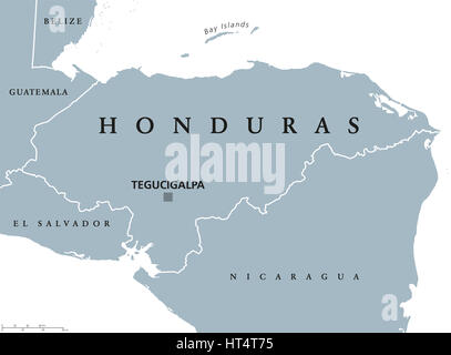 Honduras political map with capital Tegucigalpa, national borders and neighbors. Republic and country in Central America. Spanish Honduras. Gray illus Stock Photo