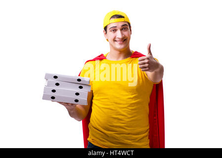 Super hero pizza delivery guy isolated on white Stock Photo