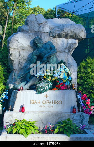 grave of famous Ukrainian writer, poet, writer, scientist, publicist Ivan Franko on Lychakiv Cemetery in Lviv Stock Photo