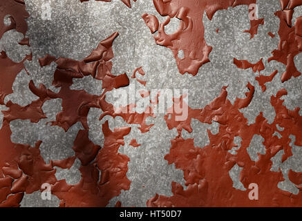 Abstract photo of metal wall that was made from stainless steel. Wall was painted in red paint. The paint peeled off in some places, and opened the me Stock Photo