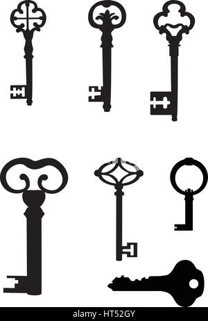 Vintage key silhouette set . Close the door vintage sign collection Stock Vector