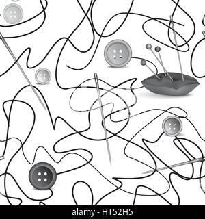 Needle and thread seamless pattern. Sewing needle and thread with buttons. Sewing Accessories seamless background. Stock Vector