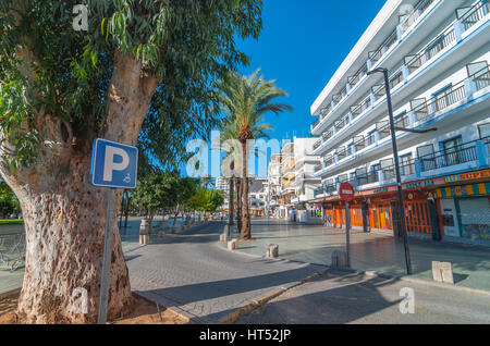 Sant Antoni de Portmany, Ibiza, November 6th, 2013.  Parking available for disabled & wheelchair bound people says the sign beside food shops. Stock Photo