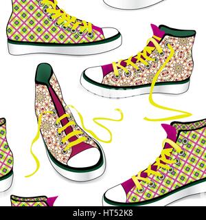 Sneakers tile background. Different sport shoes seamless pattern Stock Vector