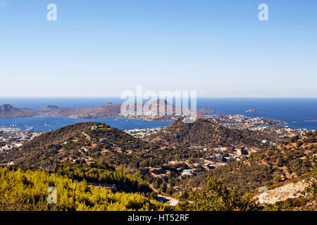 Aerial view of Yalikavak. It is a town on Turkey’s Bodrum Peninsula, on the Aegean Sea. It’s known for its marina and beaches Stock Photo