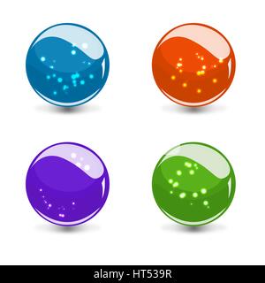 3d glass colorful sphere set with reflection and glowing dots Stock Photo