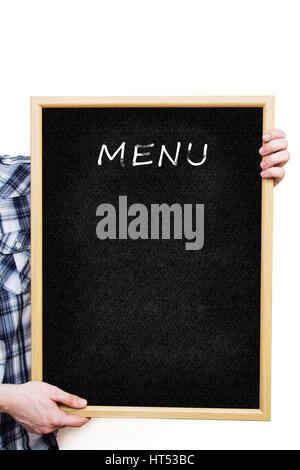 Man holding a blank black board, showing an empty menu Stock Photo