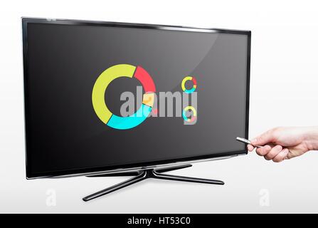 Man showing stock chart with laser pointer on tv screen Stock Photo