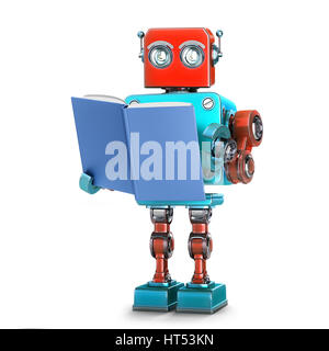 Robot reading a book. Isolated over white. 3D illustration with clipping path Stock Photo