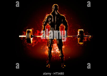 Flaming athlete with a barbell. Back view. 3d rendering. Stock Photo