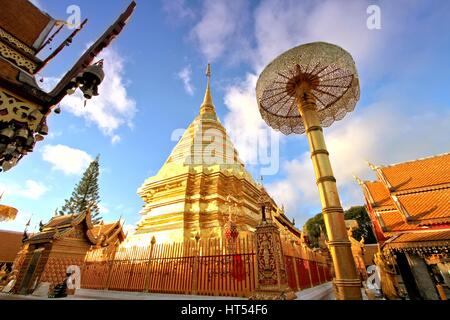 Golden pagoda against clear blue sky at Wat Phra That Doi Suthep, A famous Theravada buddhist temple at Chiang Mai, Thailand Stock Photo