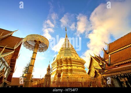 Golden pagoda against clear blue sky at Wat Phra That Doi Suthep, A famous Theravada buddhist temple at Chiang Mai, Thailand Stock Photo